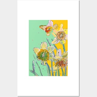 Abstract Yellow Daffodil Watercolor Pattern on Green Posters and Art